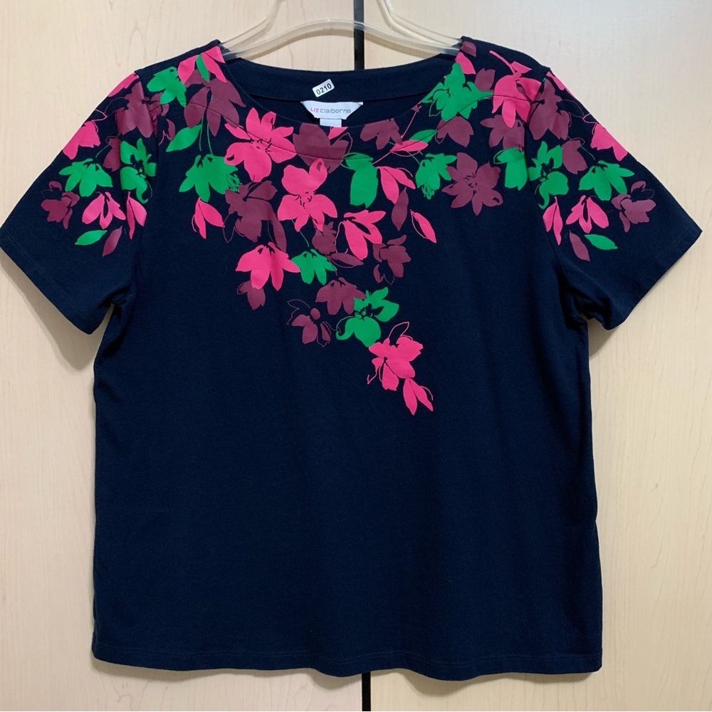 Liz Claiborne Women's Short Sleeve Crew Neck‎ Cotton T-Shirt Floral Print Navy L